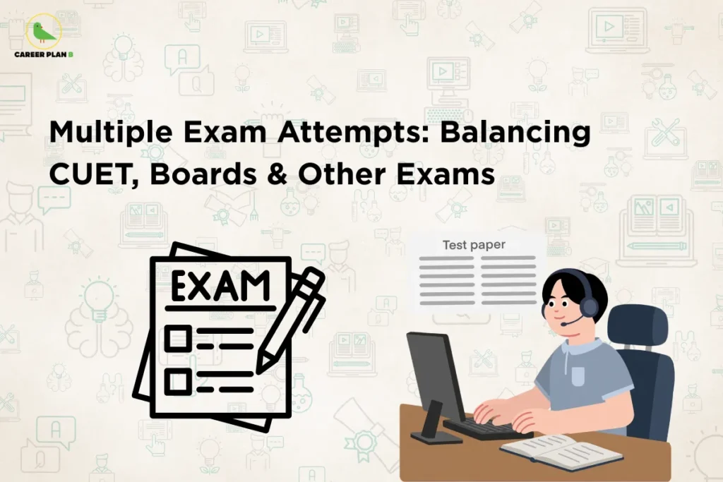 Career Plan B infographic titled "Multiple Exam Attempts: Balancing CUET, Boards & Other Exams" featuring a student at a computer.