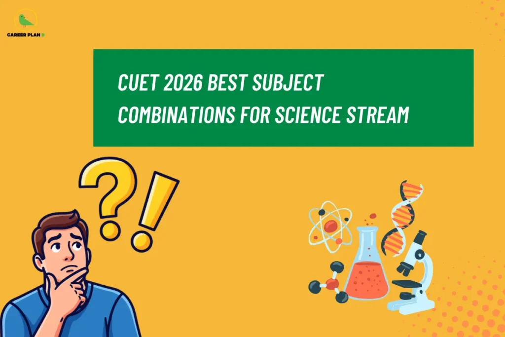 This image contains a bright yellow background with subtle dotted patterns and geometric shapes, giving it a clean and modern appearance. In the top left corner, there is the “CAREER PLAN B” logo featuring a green bird inside a yellow circle with the text “CAREER PLAN B,” where “CAREER PLAN” is in black and “B” is in green. Across the upper-center section, a green rectangular banner with white text reads “CUET 2026 BEST SUBJECT COMBINATIONS FOR SCIENCE STREAM.” On the lower left, there is an illustration of a confused student with question and exclamation marks, while on the right side, icons of scientific elements like an atom, DNA helix, microscope, and lab flask represent science subjects and combinations.