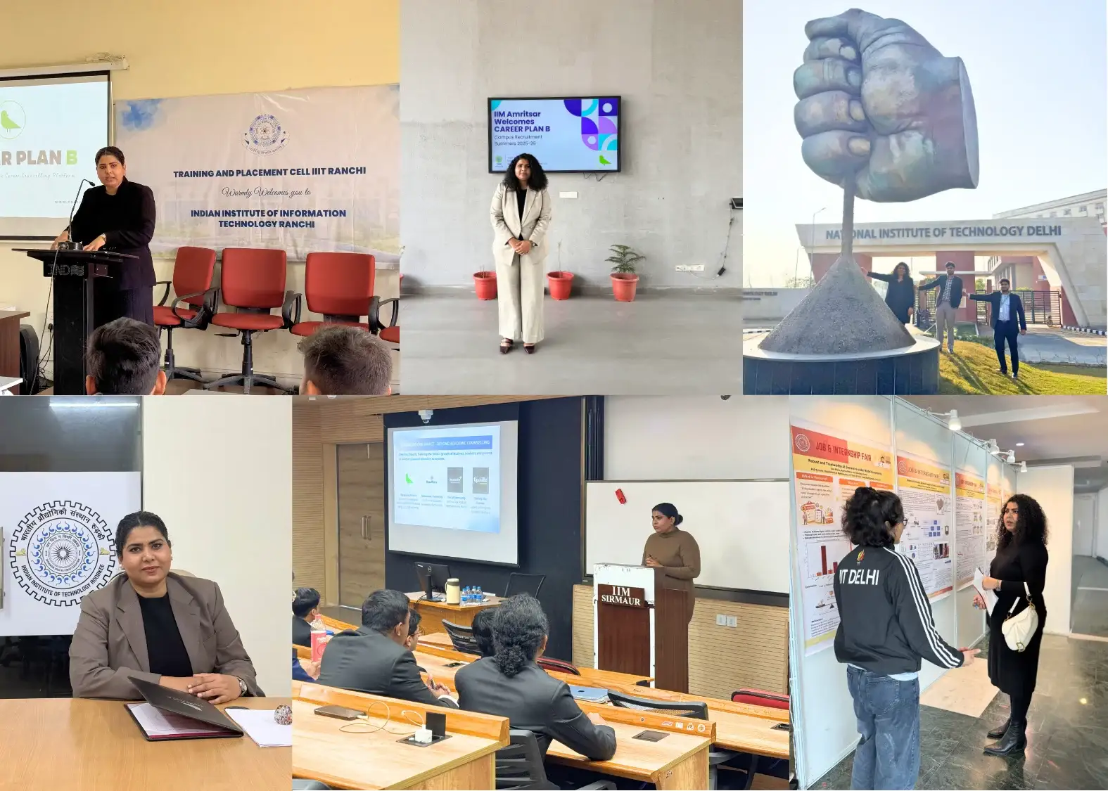 Collage of Career Plan B seminars and campus visits at IIIT Ranchi, IIM Amritsar, NIT Delhi, IIT Roorkee, and IIM Sirmaur.
