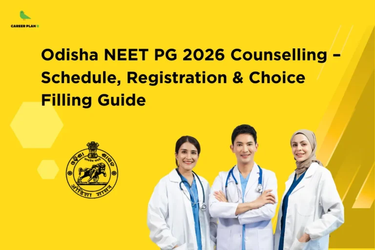 Banner showing doctors in white coats with the Odisha state emblem under the title “Odisha NEET PG 2026 Counselling – Schedule, Registration & Choice Filling Guide,” highlighting key steps and updates for Odisha NEET PG 2026 counselling process.
