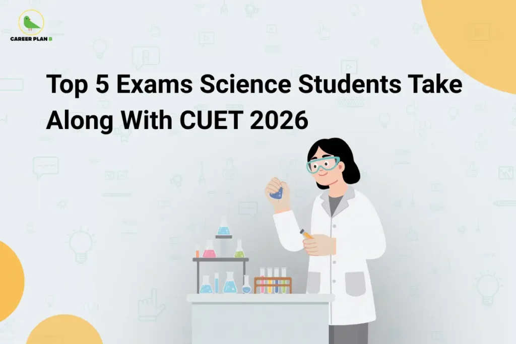 This image contains a light grey background with faint science and education-related icons. In the top left corner, there is the “CAREER PLAN B” logo featuring a green bird inside a yellow circle with black text and a green “B.” Across the upper-middle section, bold black text reads “Top 5 Exams Science Students Take Along With CUET 2026.” On the right side, there is an illustration of a female student wearing a lab coat and safety goggles, holding a test tube. In front of her is a lab table with beakers, flasks, and test tubes, representing science experiments. Soft yellow circular shapes are placed in the corners, adding a clean and modern design.