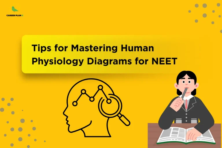 Illustration of a student studying with a brain diagram icon under the title “Tips for Mastering Human Physiology Diagrams for NEET,” highlighting effective strategies and shortcuts for understanding NEET physiology diagram tricks.