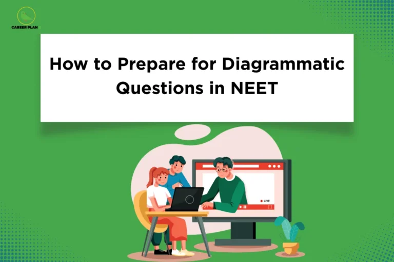 Illustration of students learning diagrams online under the title “How to Prepare for Diagrammatic Questions in NEET,” highlighting strategies and practice methods for solving NEET diagram questions effectively.