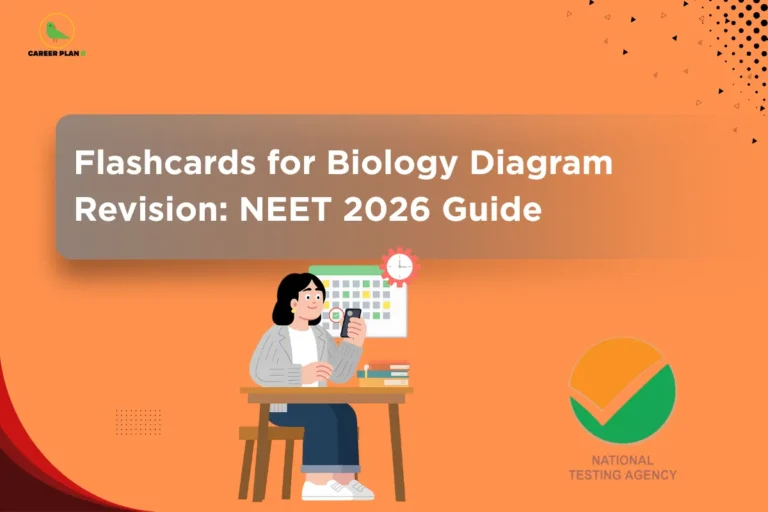 Illustration of a student revising with notes and a calendar under the title “Flashcards for Biology Diagram Revision: NEET 2026 Guide,” highlighting effective study techniques using NEET diagram flashcards for quick revision and retention.
