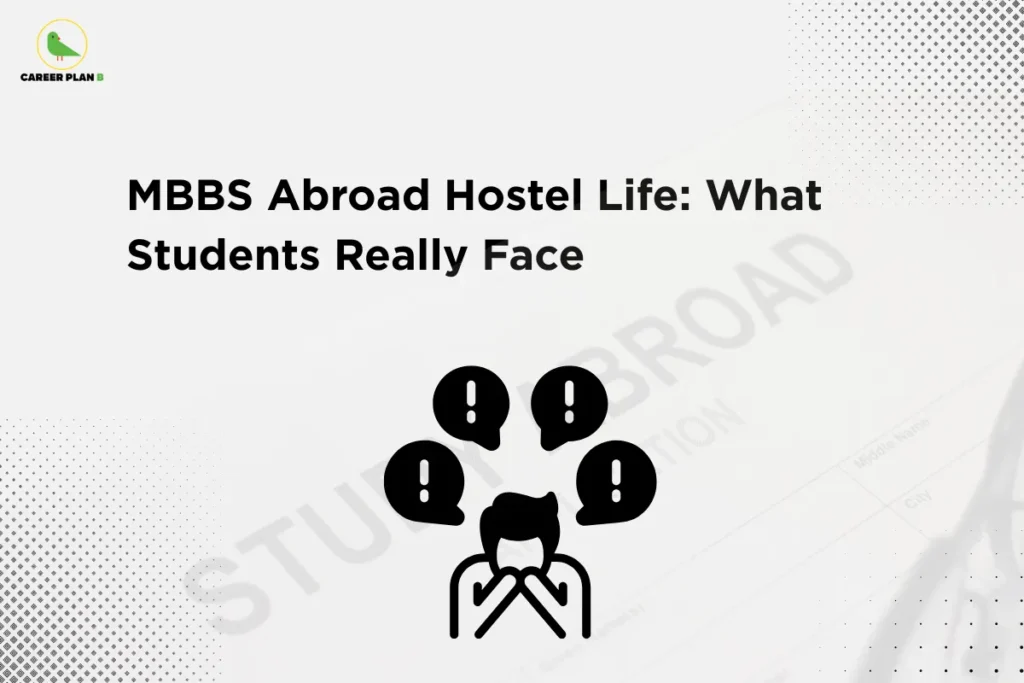 Illustration of a worried student surrounded by alert icons under the title “MBBS Abroad Hostel Life: What Students Really Face,” highlighting real challenges and experiences of MBBS abroad hostel life.