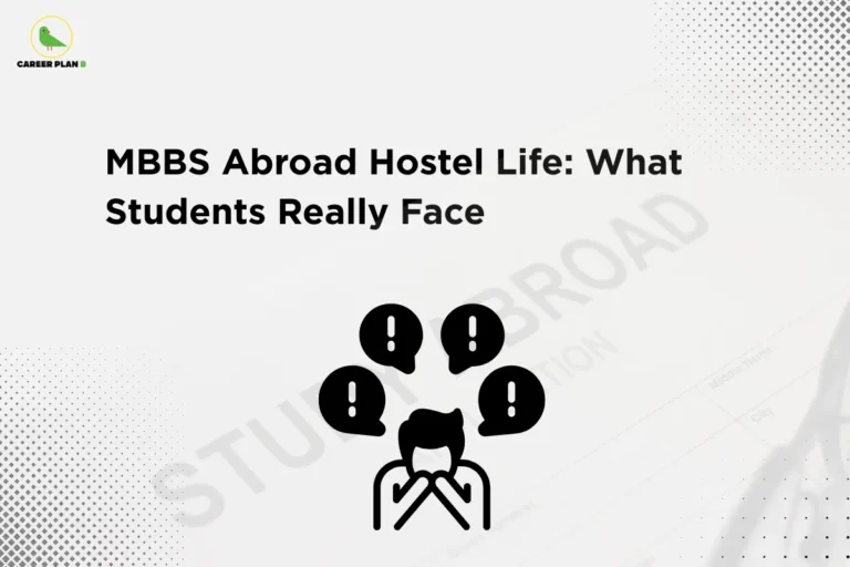 Illustration of a worried student surrounded by alert icons under the title “MBBS Abroad Hostel Life: What Students Really Face,” highlighting real challenges and experiences of MBBS abroad hostel life.