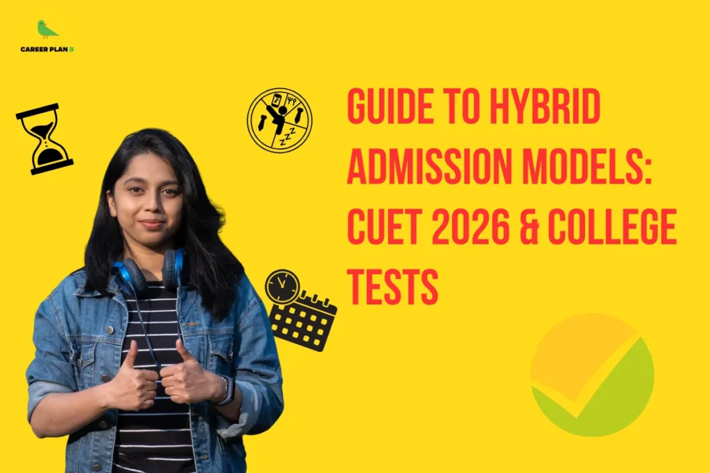 This image contains a bright yellow background graphic with educational-themed icons and a headline related to CUET admission models. In the top left corner there is a small logo featuring a stylized green bird inside a thin yellow circular outline with the text “CAREER PLAN B” beside it, where “CAREER PLAN” is written in black and the letter “B” appears in green. On the left side of the image there is a photograph of a young woman with long black hair wearing a blue denim jacket over a black and white striped shirt and blue headphones around her neck, smiling slightly while giving a thumbs-up gesture with both hands. Above and around her are black line-style icons including an hourglass near the upper left and a circular icon showing a stressed person surrounded by books and “Zzz” symbols near the top center. Slightly below and toward the center-left there is a black calendar icon with a small clock symbol on it. On the right side of the image there is large bold red headline text that reads “GUIDE TO HYBRID ADMISSION MODELS: CUET 2026 & COLLEGE TESTS,” arranged across multiple lines. In the bottom right corner there is a circular checkmark icon composed of orange and green segments with a white checkmark across it. The layout places the student figure on the left and the headline on the right, surrounded by icons symbolizing time, exams, and scheduling, reinforcing the theme of guidance for hybrid admission processes involving CUET and college-level tests.