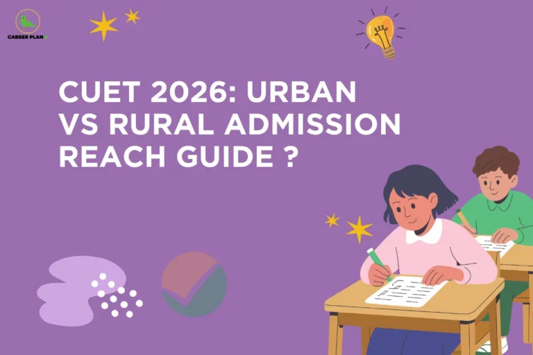 This image contains a purple background graphic with playful educational illustrations and a headline about CUET admissions. In the top left corner there is a small logo featuring a stylized green bird inside a thin yellow circular outline with the text “CAREER PLAN B” next to it, where “CAREER PLAN” is written in black and the letter “B” appears in green. Across the upper center of the image there is a large bold white headline that reads “CUET 2026: URBAN VS RURAL ADMISSION REACH GUIDE ?”. Near the top area there are decorative elements including two yellow star shapes toward the upper left and a light bulb illustration with a glowing yellow bulb and black outline near the upper right. On the right side of the image there are cartoon-style illustrations of two students sitting at wooden desks and writing on papers, with a girl in the front wearing a pink sweater and holding a green pen while smiling as she writes on a sheet of paper, and behind her a boy with brown hair wearing a green shirt writing at another desk. Around them there are small yellow sparkle star icons suggesting ideas or learning. On the lower left area there are abstract decorative shapes including a soft lavender blob-like shape with small white circular dots scattered beside it and a circular checkmark icon composed of muted orange and green segments. The overall layout places the headline prominently on the left while the illustrated students appear on the right, visually representing the theme of urban versus rural access to CUET admissions.