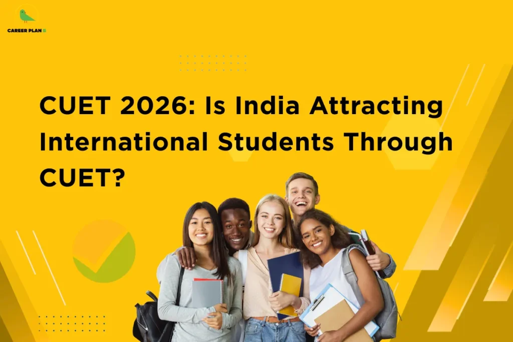 This image contains a bright yellow graphic background with geometric decorative elements and a headline related to international students and CUET. In the top left corner there is a small logo featuring a stylized green bird inside a faint yellow circular shape, with the text “CAREER PLAN B” beside it where “CAREER PLAN” is written in black and the letter “B” appears in green. Across the upper left and center portion of the image there is a large bold black headline that reads “CUET 2026: Is India Attracting International Students Through CUET?”. The yellow background includes several design elements such as a small blue dotted grid pattern near the top center, light yellow hexagon shapes faintly visible around the middle and right side, and thin white diagonal line accents along the right edge. In the lower center of the image there is a group photograph of five smiling college-age students standing close together, representing diverse international backgrounds; they are holding notebooks and books while wearing casual clothing and backpacks. From left to right there is a girl with long straight black hair holding a red notebook and wearing a light gray sweater with a black backpack, next to her is a boy with short black hair smiling broadly, beside him is a blonde girl holding a dark blue notebook, behind them is a tall boy smiling, and on the right is a girl with curly hair holding folders and wearing a gray backpack. To the left of the students there is a circular icon containing an orange and green shape with a white checkmark, while along the far right edge there are layered diagonal shapes in darker yellow and brown tones accompanied by thin white diagonal lines that create a dynamic angled pattern adding depth and contrast to the overall design.