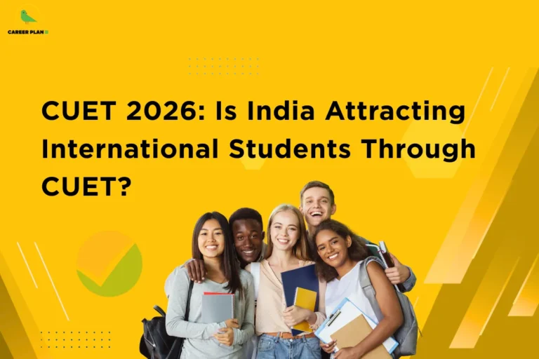 This image contains a bright yellow graphic background with geometric decorative elements and a headline related to international students and CUET. In the top left corner there is a small logo featuring a stylized green bird inside a faint yellow circular shape, with the text “CAREER PLAN B” beside it where “CAREER PLAN” is written in black and the letter “B” appears in green. Across the upper left and center portion of the image there is a large bold black headline that reads “CUET 2026: Is India Attracting International Students Through CUET?”. The yellow background includes several design elements such as a small blue dotted grid pattern near the top center, light yellow hexagon shapes faintly visible around the middle and right side, and thin white diagonal line accents along the right edge. In the lower center of the image there is a group photograph of five smiling college-age students standing close together, representing diverse international backgrounds; they are holding notebooks and books while wearing casual clothing and backpacks. From left to right there is a girl with long straight black hair holding a red notebook and wearing a light gray sweater with a black backpack, next to her is a boy with short black hair smiling broadly, beside him is a blonde girl holding a dark blue notebook, behind them is a tall boy smiling, and on the right is a girl with curly hair holding folders and wearing a gray backpack. To the left of the students there is a circular icon containing an orange and green shape with a white checkmark, while along the far right edge there are layered diagonal shapes in darker yellow and brown tones accompanied by thin white diagonal lines that create a dynamic angled pattern adding depth and contrast to the overall design.