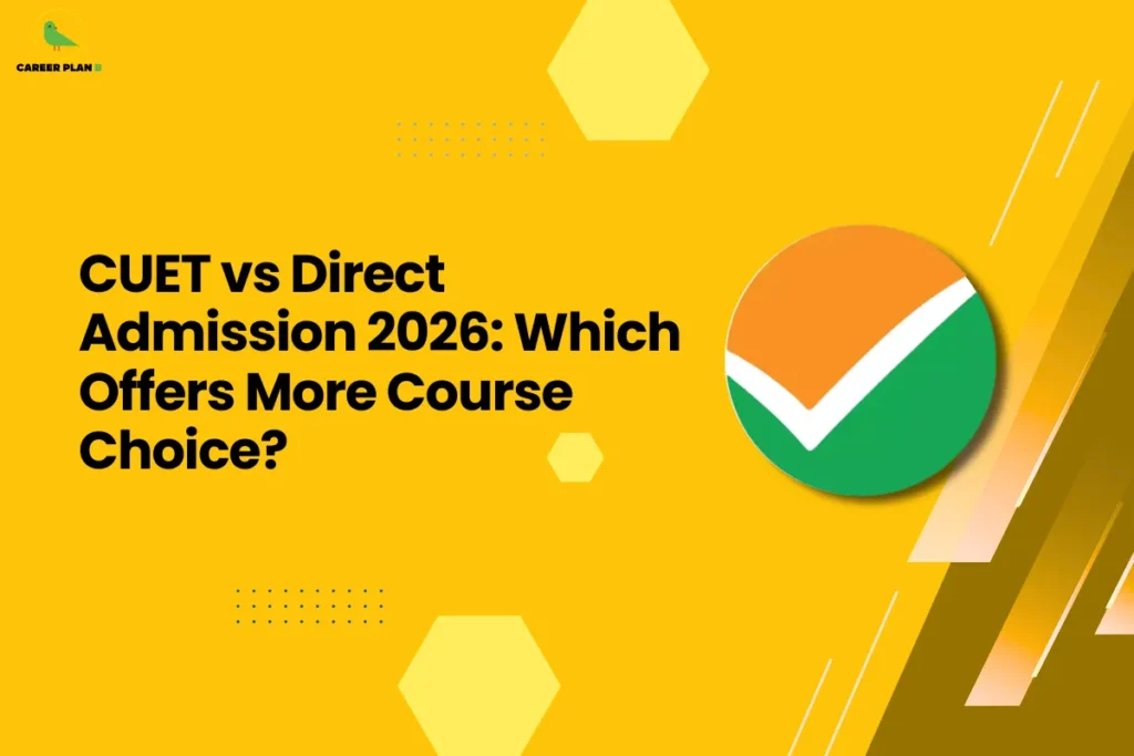 This image contains a bright yellow graphic background with geometric decorative elements and a headline about admission options for CUET. In the top left corner there is a small logo featuring a stylized green bird placed inside a faint yellow circular shape, with the text “CAREER PLAN B” beside it where “CAREER PLAN” is written in black and the letter “B” appears in green. On the left-center of the image there is a large bold black headline that reads “CUET vs Direct Admission 2026: Which Offers More Course Choice?” arranged across multiple lines. The yellow background includes several design elements such as a light yellow hexagon shape near the top center, another larger hexagon shape near the bottom center, and small blue dotted grid patterns located around the middle-left and lower-left areas. On the right side of the image there is a large circular graphic featuring an orange upper half and a green lower half with a thick white checkmark across it, creating a bold icon-like symbol. Along the far right edge there are layered diagonal shapes in darker yellow and brown tones, accompanied by thin white diagonal lines, forming an angled pattern that overlaps the background and adds depth and visual contrast to the overall design.