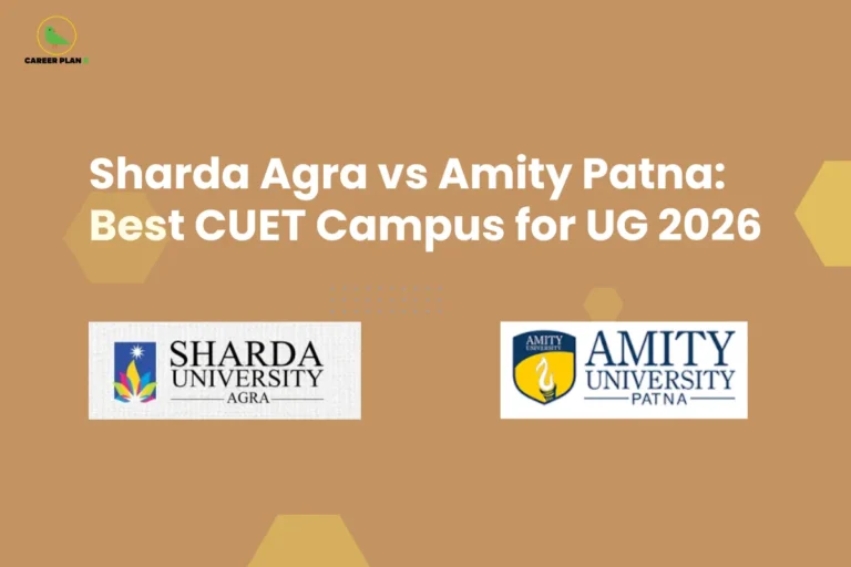 This image contains a brown background graphic with subtle decorative design elements and a headline comparing two universities. In the top left corner there is a small logo featuring a stylized green bird inside a thin yellow circular outline, next to the text “CAREER PLAN B,” where “CAREER PLAN” is written in black and the letter “B” appears in green. Across the upper center of the image there is a large bold white headline that reads “Sharda Agra vs Amity Patna: Best CUET Campus for UG 2026.” The brown background includes faint geometric decorations such as semi-transparent yellow hexagon shapes positioned around the left and right sides and a small blue dotted grid pattern located slightly below the headline near the center. In the lower half of the image there are two university logos placed side by side: on the left is the “SHARDA UNIVERSITY AGRA” logo displayed on a white rectangular background with the text “SHARDA UNIVERSITY” in black capital letters and “AGRA” below it, accompanied by a colorful emblem featuring a stylized starburst above multicolored leaf-like shapes; on the right is the “AMITY UNIVERSITY PATNA” logo also on a white rectangular background, featuring a blue shield-shaped crest with the words “AMITY UNIVERSITY” at the top and a yellow flame-like symbol inside the shield, followed by the text “AMITY UNIVERSITY PATNA” in blue capital letters. The overall layout centers the headline at the top and places the two university logos horizontally aligned beneath it, visually presenting a comparison between the two CUET campuses.