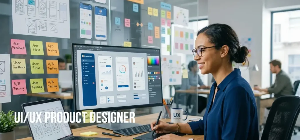 A UI/UX Product Designer working on mobile app interfaces in a modern office with "UI/UX Product Designer" text overlay.