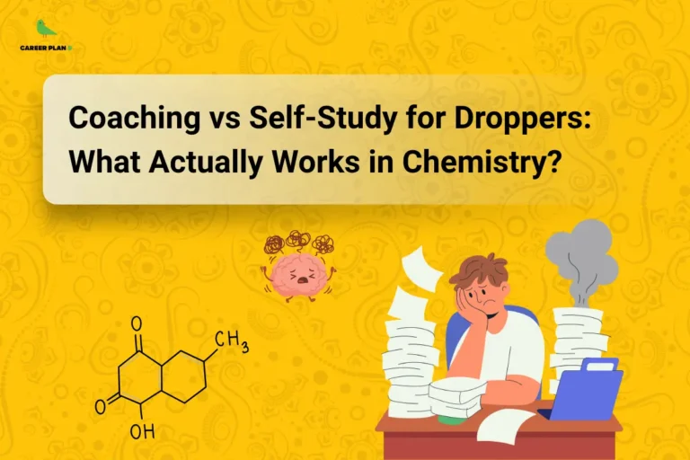 this image contains a yellow educational banner with Career Plan B logo top left, a light text box with bold black text “Coaching vs Self-Study for Droppers: What Actually Works in Chemistry?” and illustrations of a stressed student surrounded by papers, a brain with confusion marks, and a chemical structure diagram, representing exam preparation challenges and study strategies