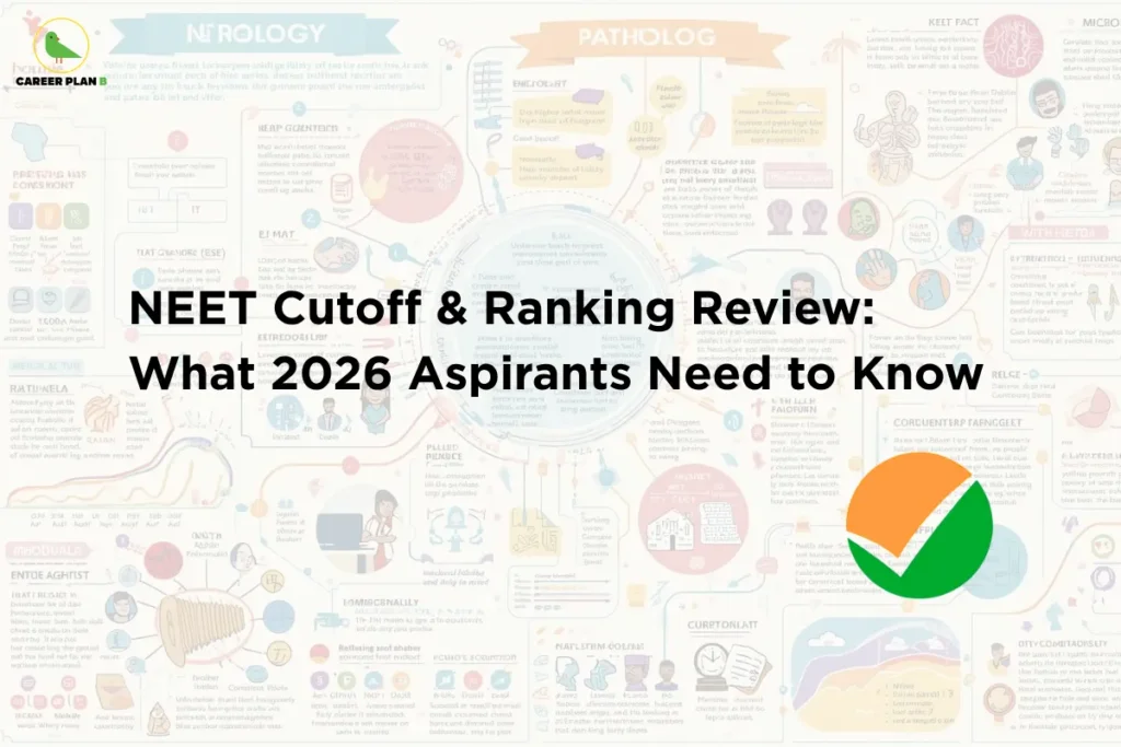 this image contains Career Plan B logo at top left and headline “NEET Cutoff & Ranking Review: What 2026 Aspirants Need to Know” on a light infographic background with medical charts, diagrams, and icons, along with a green checkmark symbol, representing NEET cutoff trends, ranking analysis, and exam guidance for medical aspirants