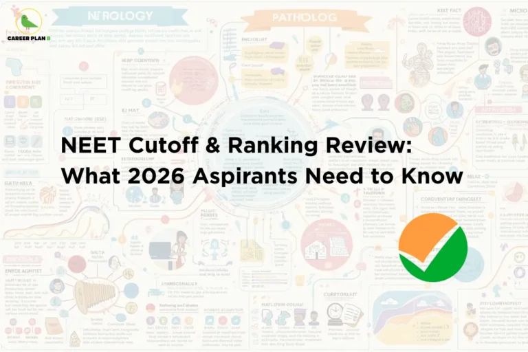 this image contains Career Plan B logo at top left and headline “NEET Cutoff & Ranking Review: What 2026 Aspirants Need to Know” on a light infographic background with medical charts, diagrams, and icons, along with a green checkmark symbol, representing NEET cutoff trends, ranking analysis, and exam guidance for medical aspirants