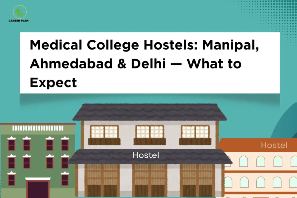 this image contains a teal educational banner with Career Plan B logo top left, a white rectangular panel with bold black text “Medical College Hostels: Manipal, Ahmedabad & Delhi — What to Expect,” and illustrations of multiple hostel buildings labeled “Hostel” at the bottom, with subtle dotted textures and abstract shapes in the background
