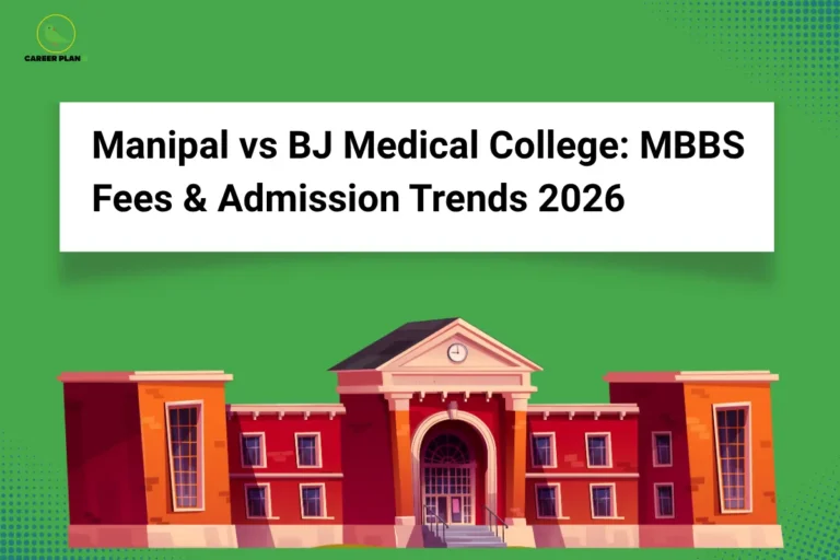 this image contains a green educational banner with Career Plan B logo top left, a white rectangular panel with bold black text “Manipal vs BJ Medical College: MBBS Fees & Admission Trends 2026,” and an illustration of a large academic building at the bottom, with subtle dotted textures and abstract design elements in the background