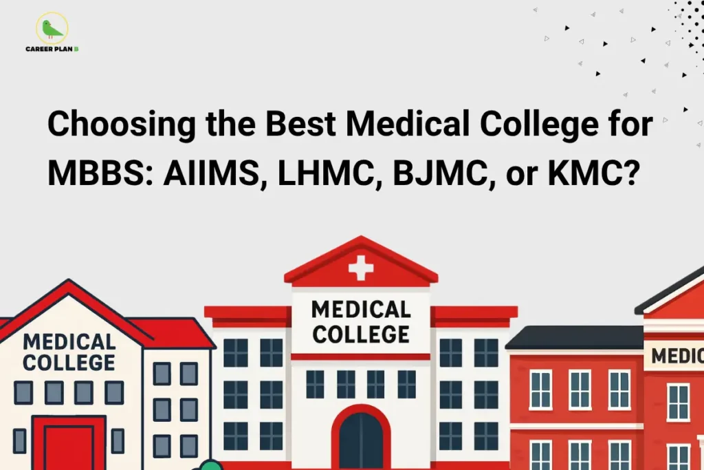 this image contains a light grey educational banner with Career Plan B logo top left, bold black text “Choosing the Best Medical College for MBBS: AIIMS, LHMC, BJMC, or KMC?” and illustrations of multiple medical college buildings labeled “MEDICAL COLLEGE” in red and white, with subtle geometric accents in the background