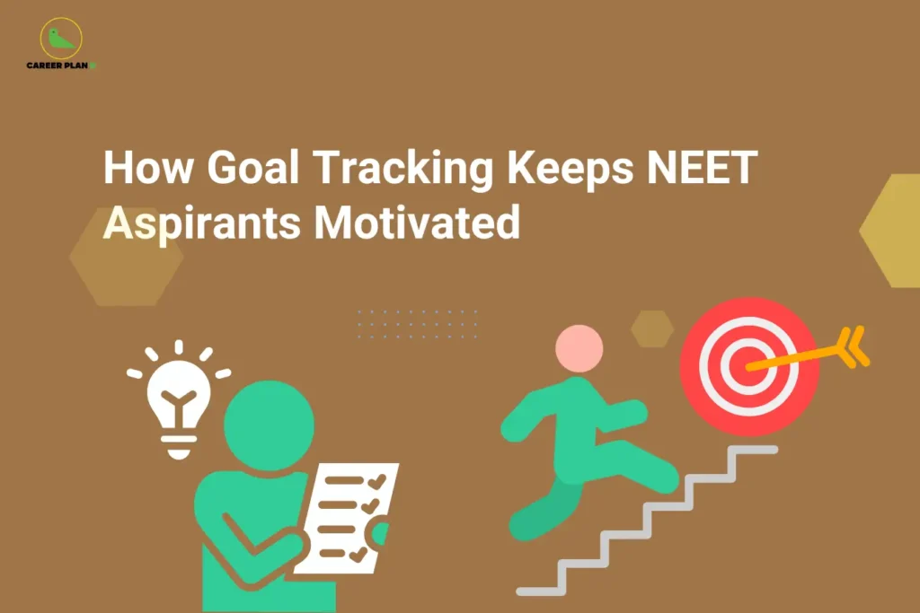 This image contains a brown background with subtle geometric shapes and dotted design elements, giving it a clean and motivational appearance. In the top left corner, there is the “CAREER PLAN B” logo featuring a green bird inside a yellow circle with the text “CAREER PLAN B,” where “CAREER PLAN” is in black and “B” is in green. Across the upper section, bold white text reads “How Goal Tracking Keeps NEET Aspirants Motivated.” In the lower section, there are illustrations including a person holding a checklist with tick marks and a light bulb symbol on the left, representing planning and ideas, and a figure climbing steps toward a target with an arrow hitting the bullseye on the right, symbolizing progress, goal achievement, and motivation.