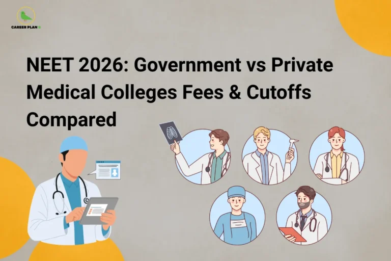 This image contains a light grey background with subtle decorative patterns, giving it a clean and professional appearance. In the top left corner, there is the “CAREER PLAN B” logo featuring a green bird inside a yellow circle with the text “CAREER PLAN B,” where “CAREER PLAN” is in black and “B” is in green. Across the upper section, bold black text reads “NEET 2026: Government vs Private Medical Colleges Fees & Cutoffs Compared.” In the lower section, there are illustrations including a doctor holding a tablet on the left and multiple circular icons on the right showing different medical professionals, representing various fields and comparisons between government and private medical colleges.