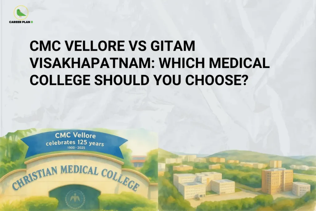 This image contains a light grey textured background, giving it a clean and professional appearance. In the top left corner, there is the “CAREER PLAN B” logo featuring a green bird inside a yellow circle with the text “CAREER PLAN B,” where “CAREER PLAN” is in black and “B” is in green. Across the upper section, bold black text reads “CMC VELLORE VS GITAM VISAKHAPATNAM: WHICH MEDICAL COLLEGE SHOULD YOU CHOOSE?” In the lower section, there is an illustration showing the entrance of Christian Medical College Vellore with a banner celebrating 125 years on the left side, while on the right side there is a depiction of a modern campus representing GITAM Visakhapatnam, highlighting a comparison between the two medical colleges.