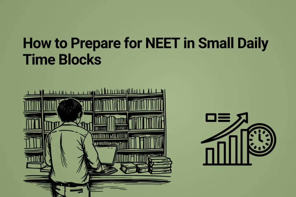 This image contains a muted green background, giving it a calm and focused appearance. In the top left corner, there is the “CAREER PLAN B” logo featuring a green bird inside a yellow circle with the text “CAREER PLAN B,” where “CAREER PLAN” is in black and “B” is in green. Across the upper section, bold black text reads “How to Prepare for NEET in Small Daily Time Blocks.” In the lower section, there is an illustration of a student standing and studying on a laptop in front of a bookshelf filled with books on the left side, while on the right side there is a graphic of an upward growth chart combined with a clock, representing productivity, time management, and consistent progress through small daily study sessions for NEET preparation.