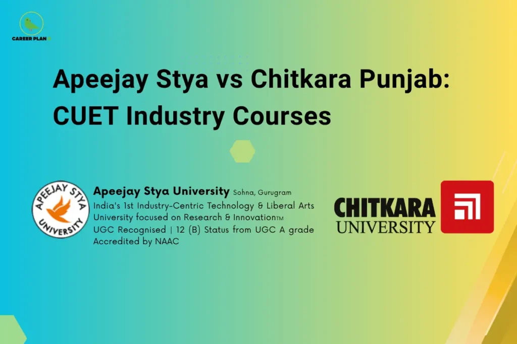 Gradient banner comparing CUET industry courses between Apeejay Stya University and Punjab campus visuals with logos