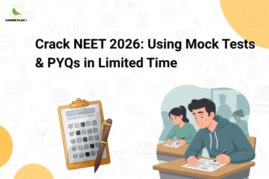 this image contains Career Plan B logo at top left and heading “Crack NEET 2026: Using Mock Tests & PYQs in Limited Time” on a light infographic background, with a checklist clipboard and pen alongside students writing an exam, representing practice tests, previous year questions, and time-bound exam preparation strategies