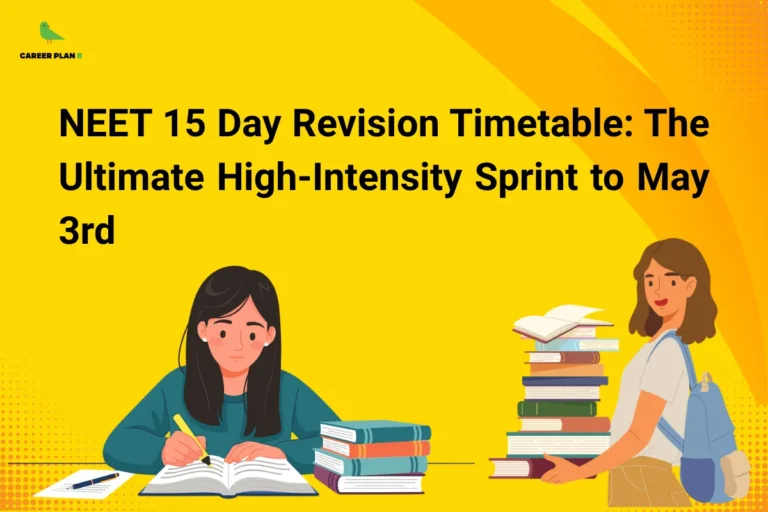 this image contains Career Plan B logo at top left and headline “NEET 15 Day Revision Timetable: The Ultimate High-Intensity Sprint to May 3rd” on a yellow background, with illustrations of a student writing in a notebook with books stacked beside her and another student carrying a pile of books, representing intensive revision planning and last-minute exam preparation strategy
