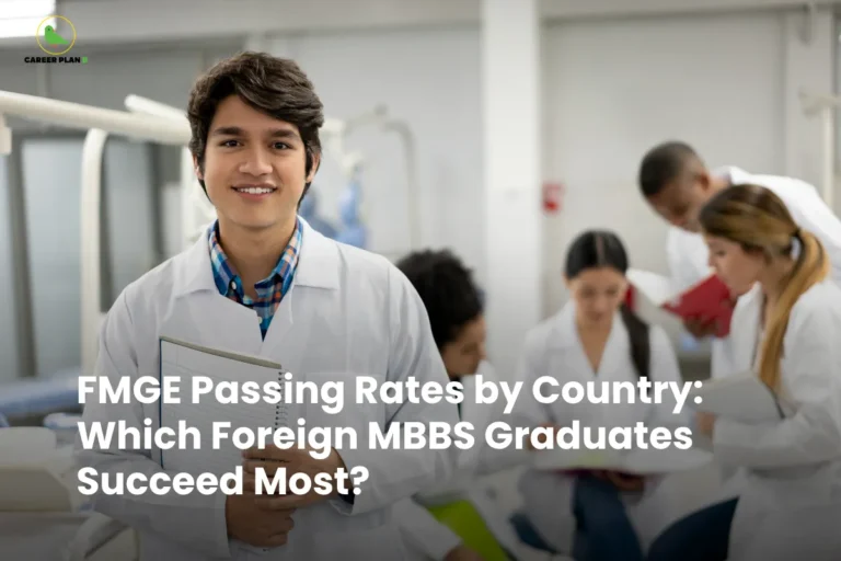 this image contains Career Plan B logo at top left and headline “FMGE Passing Rates by Country: Which Foreign MBBS Graduates Succeed Most?” over a clinical setting, featuring a smiling medical student in a white coat holding a notebook in the foreground while a group of students in lab coats study together in the background, representing foreign medical graduates, exam success rates, and healthcare education analysis