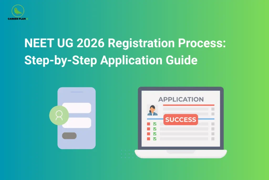 this image contains a green-to-blue gradient educational infographic titled “NEET UG 2026 Registration Process: Step-by-Step Application Guide,” with a Career Plan logo (bird icon) at top left, a mobile login illustration on the left, and a laptop on the right displaying an “APPLICATION” form with checkmarks and a red “SUCCESS” label indicating completed online exam registration