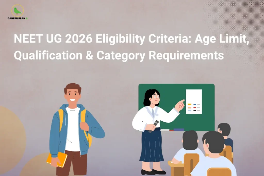 this image contains an educational infographic titled “NEET UG 2026 Eligibility Criteria: Age Limit, Qualification & Category Requirements” with a Career Plan B logo at top left, showing a smiling male student with a backpack holding books on the left and a female teacher pointing at a classroom board with seated students on the right, representing exam preparation and career guidance in medical education