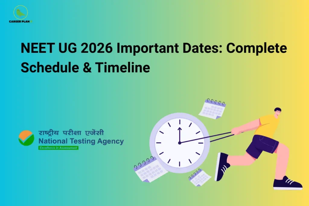 this image contains a colorful educational infographic with a blue-to-yellow gradient background and the heading “NEET UG 2026 Important Dates: Complete Schedule & Timeline,” featuring the Career Plan logo at top left, the National Testing Agency logo with text “राष्ट्रीय परीक्षा एजेंसी National Testing Agency Excellence in Assessment,” and an illustration of a person pulling a large clock with calendar pages symbolizing exam schedule and timeline planning
