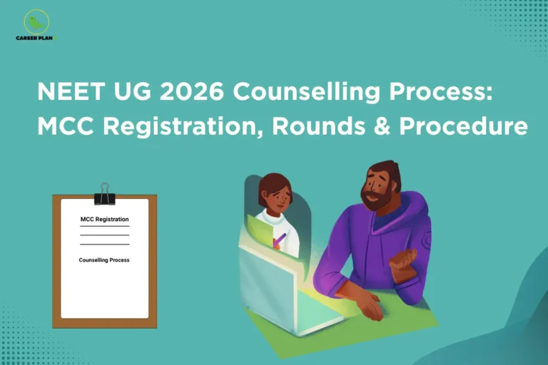 this image contains a career guidance graphic for NEET UG 2026 Counselling Process: MCC Registration, Rounds & Procedure. The Career Plan B logo appears in the top-left on a teal background. An illustration shows a man in a purple hoodie using a laptop while a female counselor appears on the screen, alongside a clipboard labeled MCC Registration and Counselling Process.
