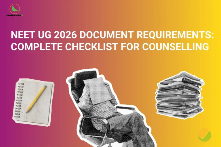 this image contains a vibrant purple and orange gradient background featuring the Career Plan B logo and white text that reads, NEET UG 2026 DOCUMENT REQUIREMENTS: COMPLETE CHECKLIST FOR COUNSELLING. Centered below the text is a grayscale cutout of a person sitting in an office chair, holding a document over their face in a gesture of overwhelm. To the left is a notebook with a yellow pencil, and to the right is a large, messy stack of papers and files, illustrating the intensive preparation and training required for medical exam documentation.