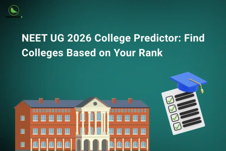 this image contains an informational banner with a dark green background. Top left shows the CAREER PLAN B logo with a green bird icon. Large white text reads, NEET UG 2026 College Predictor: Find Colleges Based on Your Rank. Below is an illustration of a brick college building with columns. To the right is a white checklist with green checkmarks and black lines, topped with a blue graduation cap with a gold tassel.
