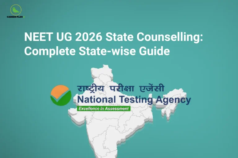 this image contains a digital graphic with a solid teal background promoting NEET UG 2026 State Counselling. At the top center, large white text reads "NEET UG 2026 State Counselling: Complete State-wise Guide". In the top-left corner is the Career Plan logo featuring a green bird inside a yellow circle with the text "CAREER PLAN" below it. Centered over a white 3D map of India is the National Testing Agency branding: a circular logo with orange and green segments, accompanied by Hindi text "राष्ट्रीय परीक्षा एजेंसी" and English text "National Testing Agency" in blue, with a green banner below stating "Excellence in Assessment". The graphic serves as an educational and informational guide for NEET UG state counselling processes across India.