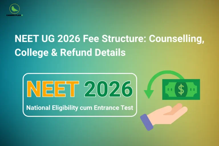 this image contains a green-blue gradient educational graphic with Career Plan B logo, text “NEET UG 2026 Fee Structure: Counselling, College & Refund Details,” a NEET 2026 box labeled “National Eligibility cum Entrance Test,” and an icon of a hand receiving money symbolizing fees and refunds