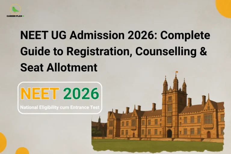 this image contains an educational career guidance graphic featuring a historic university building alongside the Career Plan B logo. Large black text reads: NEET UG Admission 2026: Complete Guide to Registration, Counselling & Seat Allotment. A white rounded box highlights NEET 2026 in yellow and green above the text National Eligibility cum Entrance Test. The layout is clean with a beige background and orange decorative circles.