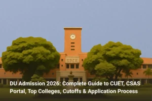 College building with clock tower and DU Admission 2026 guide text overlay in foreground