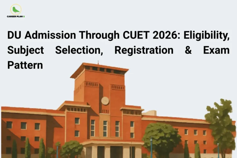 Red-brick university building with clock tower and banner text, featuring Career Plan B logo top-left