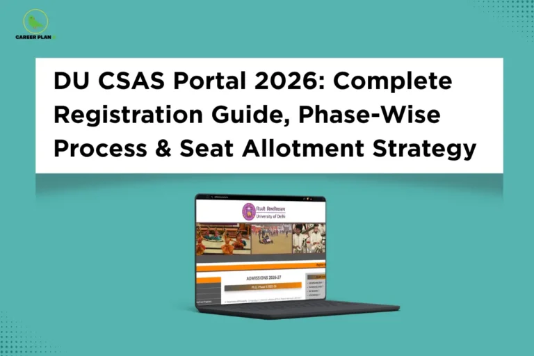 Banner with DU CSAS 2026 registration guide text and laptop screen, featuring Career Plan B logo top-left