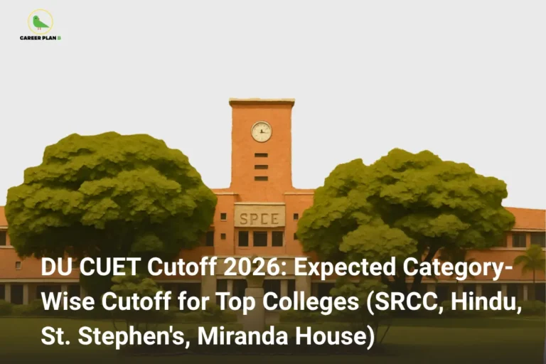 Banner showing DU CUET cutoff 2026 text over Delhi University building with Career Plan B logo