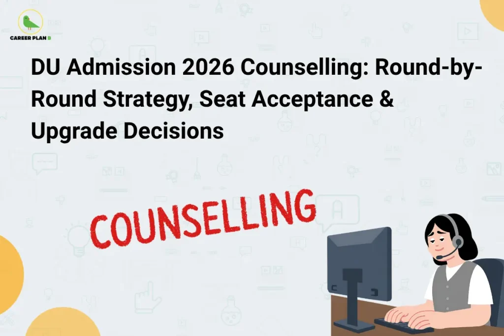 Banner showing DU Admission 2026 counselling text with illustrated student at computer and Career Plan B logo