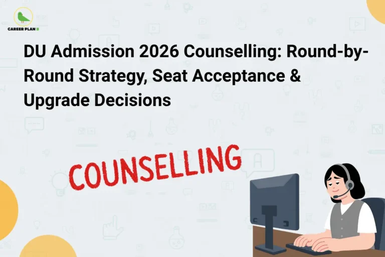Banner showing DU Admission 2026 counselling text with illustrated student at computer and Career Plan B logo