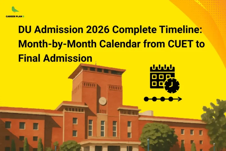 Banner showing DU Admission 2026 timeline text over Delhi University building with Career Plan B logo
