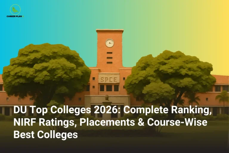 SPCE college building with clock tower and DU top colleges 2026 text, Career Plan B logo