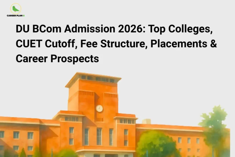 Banner showing DU BCom Admission 2026 details above Delhi University building with Career Plan B logo