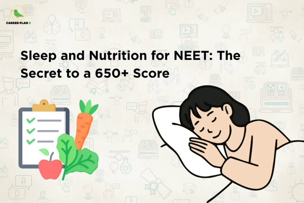 this image contains Career Plan B logo at top left and headline “Sleep and Nutrition for NEET: The Secret to a 650+ Score” on a light infographic background, with illustration of a person sleeping on a pillow and icons of healthy food like carrot, apple, and checklist, representing importance of sleep, diet, and wellness for exam performance and NEET preparation